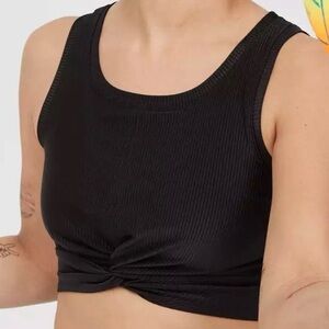 Aerie OFFLINE Ribbed Shine Twist Front Black Sports Bra Size XL NWT